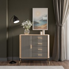 Kumode ar atvilknēm un durvīm DANTE DT08, Ozols cremona/Pelēks matēts/Melns
